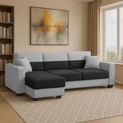 Aden LHS 4 Seater L Shape Sofa Set with 2 Puffy for Living Room (Black Grey Colour Fabric) Premium Fabric Sofa Set for Living Room