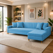 Casaliving Grejoy 4 Seater L Shape Convertible Sofa Set for Living Room, 3 Seater & Ottoman Modular Sectional Couch for Small Space (Aqua Blue) Colour Premium Velvet Fabric Sofa