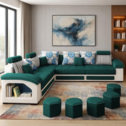 Casaliving Yamir Modern U-Shaped Sectional Sofa Set with Storage, 9 Seater, Sofa Couch with 4 Puffy for Hall Guest Room (Blue & Grey) Premium Fabric Sofa Set