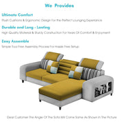 Samra RHS 4 Seater L Shape Sofa Set with 4 Puffy for Living Room (Yellow Grey Fabric) Premium Fabric Sofa