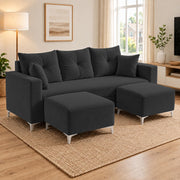 Casaliving Euron 4 Seater L Shape Convertible Sofa Set for Living Room, 3 Seater & 2 Ottoman Modular Sectional Couch for Small Space (Black Colour) Fabric
