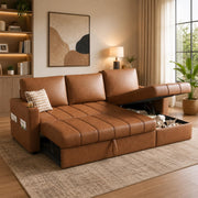 Casaliving Glanie LHS 4 Seater Corner Sofa Cum Bed for Living Room with Storage (Beige Fabric) Leatherette Fabric Sofa with Cup Holder