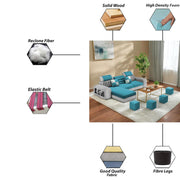 Samra LHS 4 Seater L Shape Sofa Set with 4 Puffy for Living Room (Turquise Grey Fabric) Premium Fabric Sofa