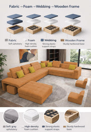 Casaling Urban Modern U-Shaped Sectional Sofa Set with Storage | 9 Seater Sofa Couch with Ottoman | Wooden Frame | Premium Colour Fabric | for Living Room & Guest Hall in (Black Colour)