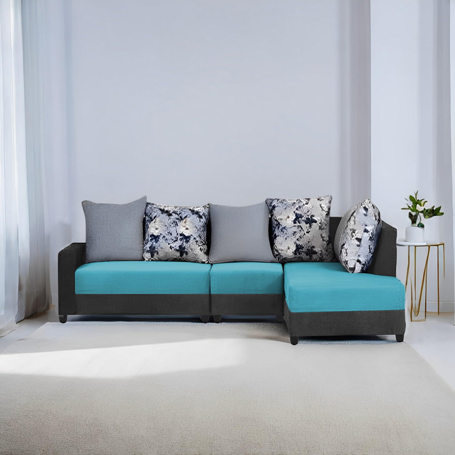 Casaliving James RHS 6 Seater L Shape Sofa Set for Living Room (Turquise Black Colour) Premium Fabric Sofa