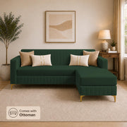 Casaliving Daxos 4 Seater L Shape Sofa Set with Movable Ottoman | Flexible Left or Right Layout | Cozy Velvet Fabric | Soft Touch Seating | Modern Designer Sofa for Living Room (Black)