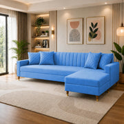 Casaliving Grejoy 4 Seater L Shape Convertible Sofa Set for Living Room, 3 Seater & Ottoman Modular Sectional Couch for Small Space (Aqua Blue) Colour Premium Velvet Fabric Sofa