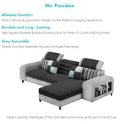 Samra RHS 4 Seater L Shape Sofa Set with 4 Puffy for Living Room (Black Grey Fabric) Premium Fabric Sofa