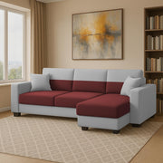 Aden RHS 4 Seater L Shape Sofa Set with 2 Puffy for Living Room (Maroon Grey Colour Fabric) Premium Fabric Sofa Set for Living Room