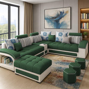 Yamir Modern U-Shaped Sectional Sofa Set with Storage, 9 Seater, Sofa Couch with 4 Puffy for Hall Guest Room (Pine & Grey) Premium Fabric Sofa Set