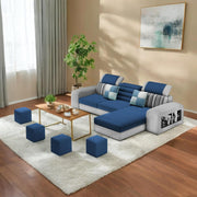 Samra RHS 4 Seater L Shape Sofa Set with 4 Puffy for Living Room (Blue Grey Fabric) Premium Fabric Sofa
