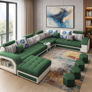 Yamir Modern U-Shaped Sectional Sofa Set with Storage, 9 Seater, Sofa Couch with 4 Puffy for Hall Guest Room (Pine & Grey) Premium Fabric Sofa Set