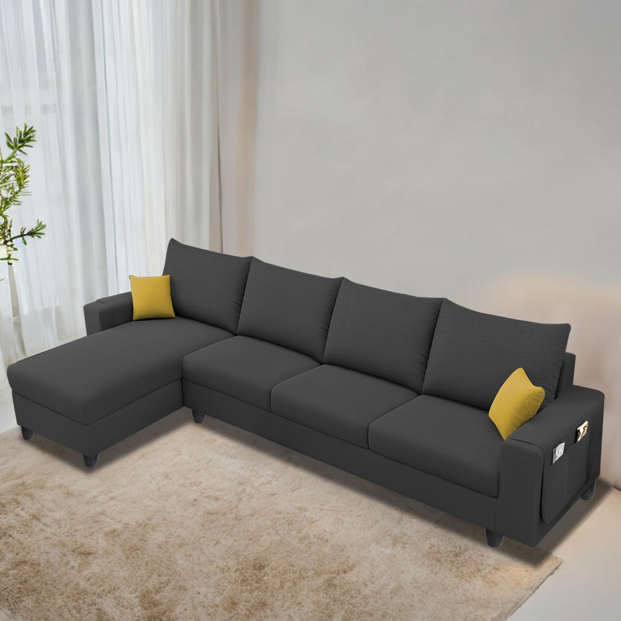 Casaliving Porto LHS 6 Seater L Shape Sofa Set for Living Room (Black Fabric) Premium Velvet Fabric
