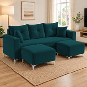 Casaliving Euron 4 Seater L Shape Convertible Sofa Set for Living Room, 3 Seater & 2 Ottoman Modular Sectional Couch for Small Space (Black Colour) Fabric