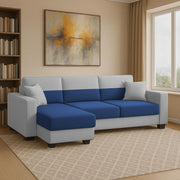 Aden LHS 4 Seater L Shape Sofa Set with 2 Puffy for Living Room (Blue Grey Colour Fabric) Premium Fabric Sofa Set for Living Room