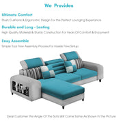 Samra LHS 4 Seater L Shape Sofa Set with 4 Puffy for Living Room (Turquise Grey Fabric) Premium Fabric Sofa