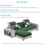 Samra LHS 4 Seater L Shape Sofa Set with 4 Puffy for Living Room (Green Grey Fabric) Premium Fabric Sofa