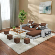 Samra RHS 4 Seater L Shape Sofa Set with 4 Puffy for Living Room (Brown Grey Fabric) Premium Fabric Sofa