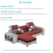 Samra LHS 4 Seater L Shape Sofa Set with 4 Puffy for Living Room (Maroon Grey Fabric) Premium Fabric Sofa