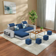 Samra LHS 4 Seater L Shape Sofa Set with 4 Puffy for Living Room (Blue Grey Fabric) Premium Fabric Sofa