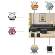 Garcia RHS 8 Seater L Shape Sofa Set with Ottoman & 2 Puffy for Living Room (Dark Grey) Premium Fabric Sofa Set
