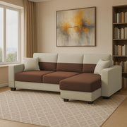 Aden RHS 4 Seater L Shape Sofa Set with 2 Puffy for Living Room (Cream Brown Colour Fabric) Premium Fabric Sofa Set for Living Room