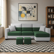 Aden RHS 4 Seater L Shape Sofa Set with 2 Puffy for Living Room (Green Grey Colour Fabric) Premium Fabric Sofa Set for Living Room