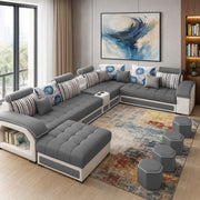 Yamir Modern U-Shaped Sectional Sofa Set with Storage, 9 Seater, Sofa Couch with 4 Puffy for Hall Guest Room (Pine & Grey) Premium Fabric Sofa Set