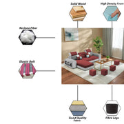 Samra LHS 4 Seater L Shape Sofa Set with 4 Puffy for Living Room (Maroon Grey Fabric) Premium Fabric Sofa