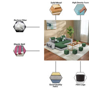 Samra LHS 4 Seater L Shape Sofa Set with 4 Puffy for Living Room (Green Grey Fabric) Premium Fabric Sofa