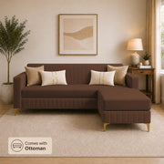 Casaliving Daxos 4 Seater L Shape Sofa Set with Movable Ottoman | Flexible Left or Right Layout | Cozy Velvet Fabric | Soft Touch Seating | Modern Designer Sofa for Living Room (Black)