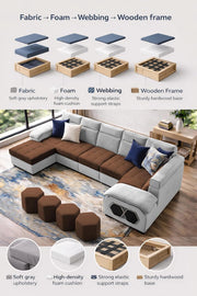 Auren 12 Seater L-Shape Comfortable Sectional Sofa Set with Ottoman for Living Room (Black Grey) Premium Fabric Sofa