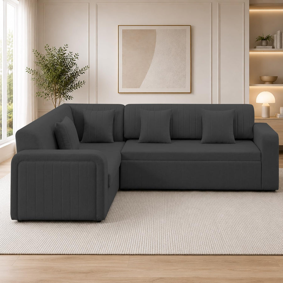 Casaliving Rion 6 Seater L Shape Corner Sofa Cum Bed for Living Room (Black Fabric) Premium Fabric Sofa Cum Bed