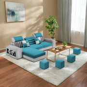 Samra LHS 4 Seater L Shape Sofa Set with 4 Puffy for Living Room (Turquise Grey Fabric) Premium Fabric Sofa