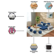 Samra RHS 4 Seater L Shape Sofa Set with 4 Puffy for Living Room (Blue Grey Fabric) Premium Fabric Sofa