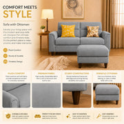 Casaliving Nancy 2 Seater with Ottoman Sofa Set for Living Room (Black Colour) Premium Fabric Sofa Set