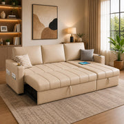 Casaliving Glanie LHS 4 Seater Corner Sofa Cum Bed for Living Room with Storage (Beige Fabric) Leatherette Fabric Sofa with Cup Holder