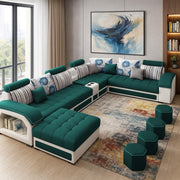 Casaliving Yamir Modern U-Shaped Sectional Sofa Set with Storage, 9 Seater, Sofa Couch with 4 Puffy for Hall Guest Room (Blue & Grey) Premium Fabric Sofa Set