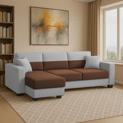 Aden LHS 4 Seater L Shape Sofa Set with 2 Puffy for Living Room (Brown Grey Colour Fabric) Premium Fabric Sofa Set for Living Room