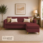Casaliving Daxos 4 Seater L Shape Sofa Set with Movable Ottoman | Flexible Left or Right Layout | Cozy Velvet Fabric | Soft Touch Seating | Modern Designer Sofa for Living Room (Black)