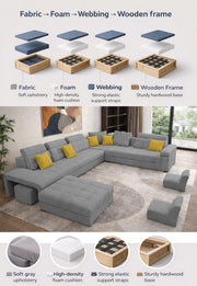 Casaling Urban Modern U-Shaped Sectional Sofa Set with Storage | 9 Seater Sofa Couch with Ottoman | Wooden Frame | Premium Colour Fabric | for Living Room & Guest Hall in (Black Colour)