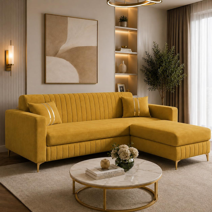 Casaliving Oliveira 4 Seater L Shape Convertible Sofa Set for Living Room, 3 Seater & Ottoman Modular Sectional Couch for Small Space (Yellow) Fabric