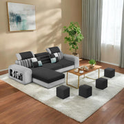 Samra LHS 4 Seater L Shape Sofa Set with 4 Puffy for Living Room (Black Grey Fabric) Premium Fabric Sofa