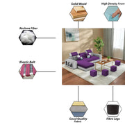 Samra LHS 4 Seater L Shape Sofa Set with 4 Puffy for Living Room (Purple Grey Fabric) Premium Fabric Sofa