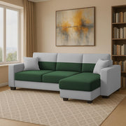 Aden RHS 4 Seater L Shape Sofa Set with 2 Puffy for Living Room (Green Grey Colour Fabric) Premium Fabric Sofa Set for Living Room