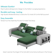 Samra RHS 4 Seater L Shape Sofa Set with 4 Puffy for Living Room (Green Grey Fabric) Premium Fabric Sofa
