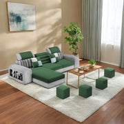 Samra LHS 4 Seater L Shape Sofa Set with 4 Puffy for Living Room (Green Grey Fabric) Premium Fabric Sofa