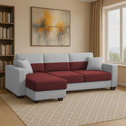 Aden LHS 4 Seater L Shape Sofa Set with 2 Puffy for Living Room (Maroon Grey Colour Fabric) Premium Fabric Sofa Set for Living Room