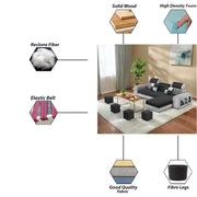 Samra RHS 4 Seater L Shape Sofa Set with 4 Puffy for Living Room (Black Grey Fabric) Premium Fabric Sofa