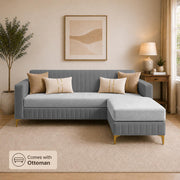 Casaliving Daxos 4 Seater L Shape Sofa Set with Movable Ottoman | Flexible Left or Right Layout | Cozy Velvet Fabric | Soft Touch Seating | Modern Designer Sofa for Living Room (Black)